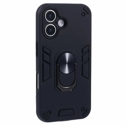 For iPhone 16 Plus Case PC+TPU Drop Defend Phone Cover with Ring Kickstand - Black