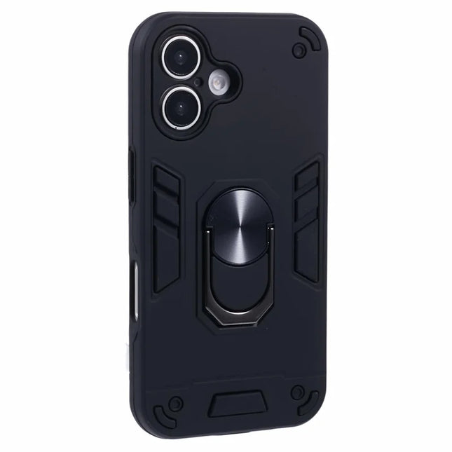 For iPhone 16 Plus Case PC+TPU Drop Defend Phone Cover with Ring Kickstand - Black