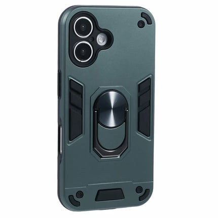For iPhone 16 Plus Case PC+TPU Drop Defend Phone Cover with Ring Kickstand - Green