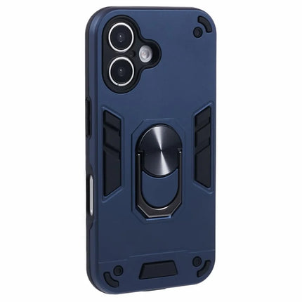 For iPhone 16 Plus Case PC+TPU Drop Defend Phone Cover with Ring Kickstand - Blue