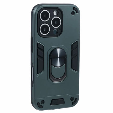 For iPhone 16 Pro Max Case PC+TPU Drop Defend Phone Cover with Ring Kickstand - Green