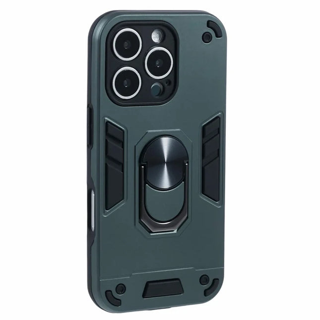 For iPhone 16 Pro Max Case PC+TPU Drop Defend Phone Cover with Ring Kickstand - Green