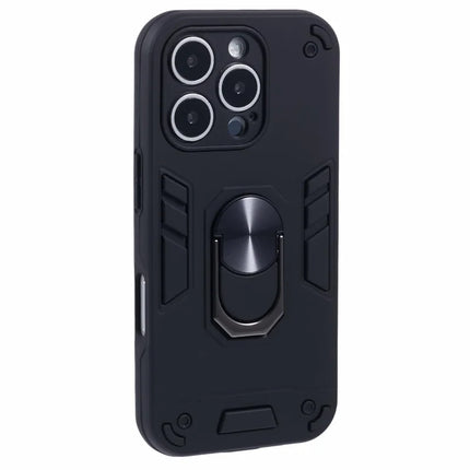 For iPhone 16 Pro Max Case PC+TPU Drop Defend Phone Cover with Ring Kickstand - Black