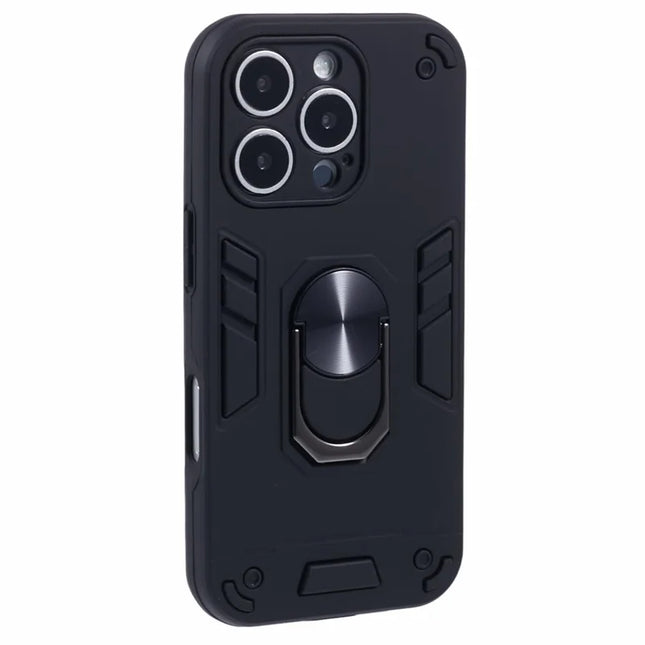 For iPhone 16 Pro Max Case PC+TPU Drop Defend Phone Cover with Ring Kickstand - Black