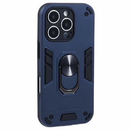 For iPhone 16 Pro Max Case PC+TPU Drop Defend Phone Cover with Ring Kickstand - Blue