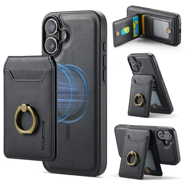 MAGKING K1 Series For iPhone 16 Plus Magnetic Case PC+TPU+PU Phone Cover with Card Holder Kickstand - Black