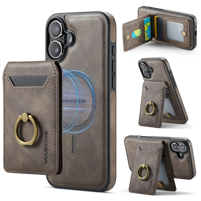 MAGKING K1 Series For iPhone 16 Plus Magnetic Case PC+TPU+PU Phone Cover with Card Holder Kickstand - Coffee