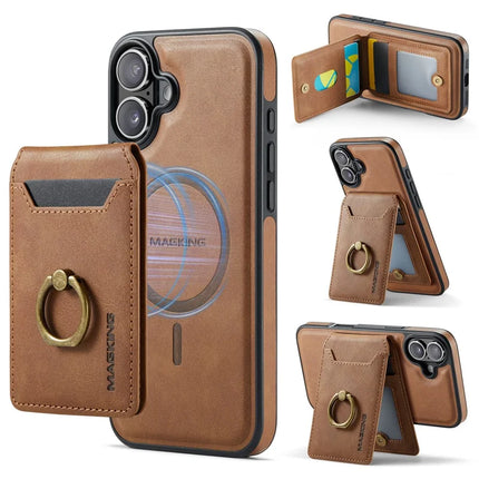 MAGKING K1 Series For iPhone 16 Plus Magnetic Case PC+TPU+PU Phone Cover with Card Holder Kickstand - Brown
