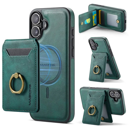 MAGKING K1 Series For iPhone 16 Plus Magnetic Case PC+TPU+PU Phone Cover with Card Holder Kickstand - Green