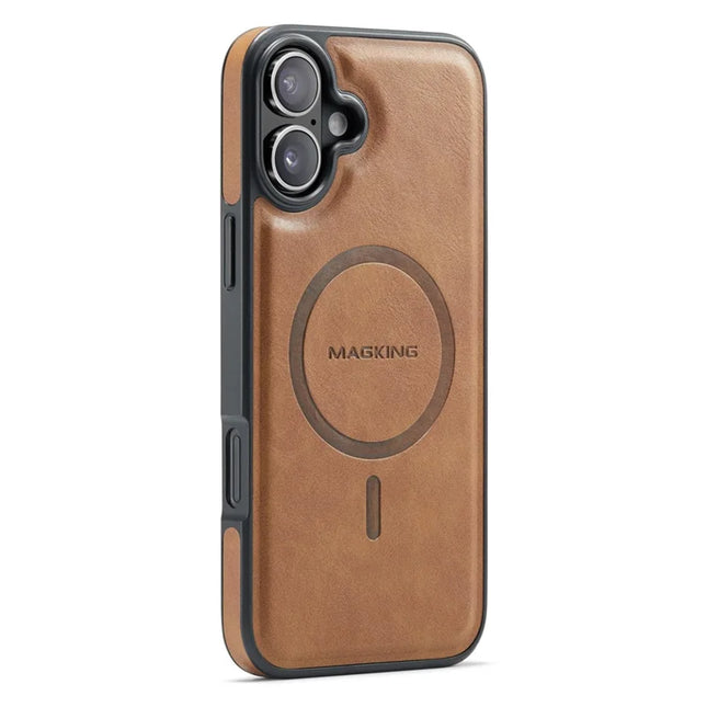 MAGKING K1 Series For iPhone 16 Plus Magnetic Case PC+TPU+PU Leather Phone Cover - Brown