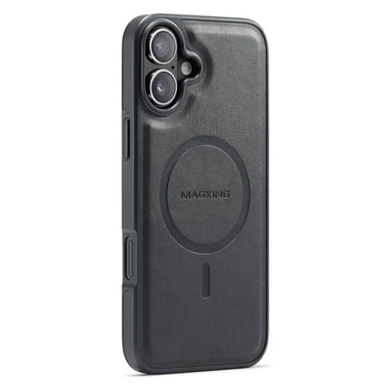 MAGKING K1 Series For iPhone 16 Plus Magnetic Case PC+TPU+PU Leather Phone Cover - Black
