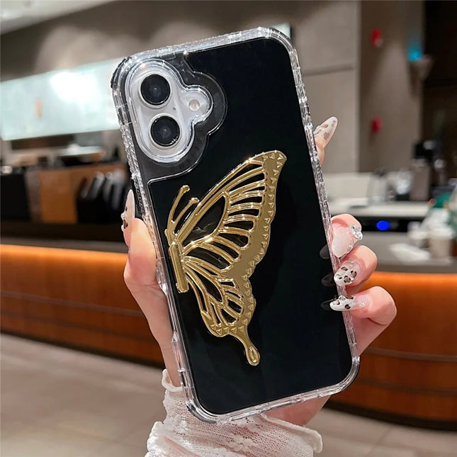 For iPhone 16 Plus Case Butterfly Kickstand TPU+PC Drop-Proof Phone Cover - Black
