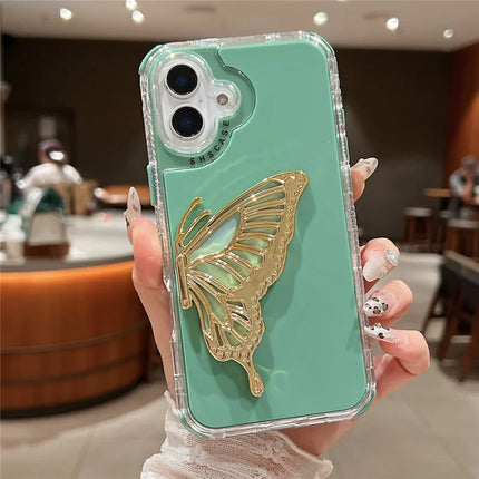For iPhone 16 Plus Case Butterfly Kickstand TPU+PC Drop-Proof Phone Cover - Cyan