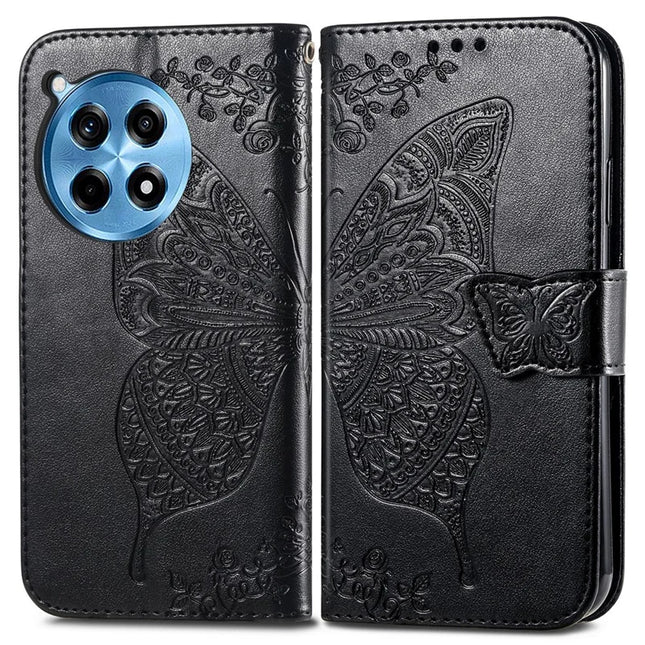 For OnePlus Ace 3 Pro 5G Case PU Leather Wallet Phone Cover Butterfly Pattern - Black