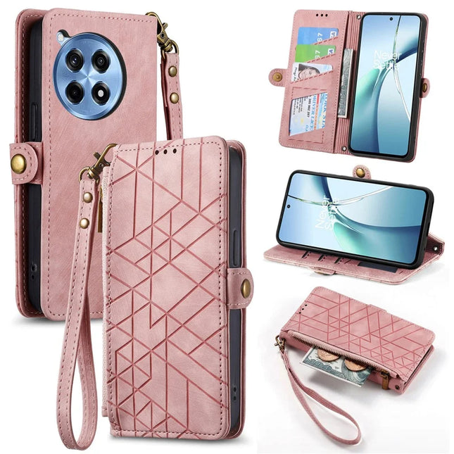 For OnePlus Ace 3 Pro 5G PU Leather Stand Wallet Cover Geometry Imprinted Phone Case - Pink