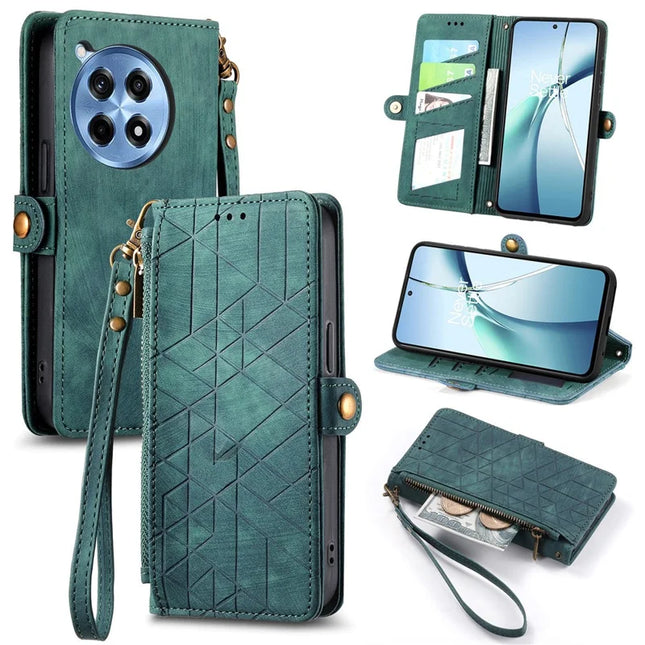 For OnePlus Ace 3 Pro 5G PU Leather Stand Wallet Cover Geometry Imprinted Phone Case - Green