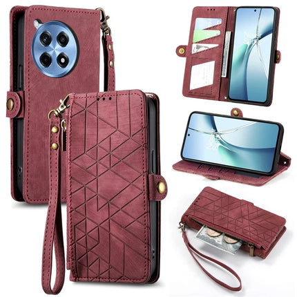 For OnePlus Ace 3 Pro 5G PU Leather Stand Wallet Cover Geometry Imprinted Phone Case - Red