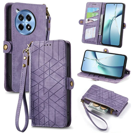For OnePlus Ace 3 Pro 5G PU Leather Stand Wallet Cover Geometry Imprinted Phone Case - Light Purple