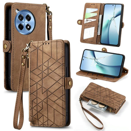 For OnePlus Ace 3 Pro 5G PU Leather Stand Wallet Cover Geometry Imprinted Phone Case - Brown