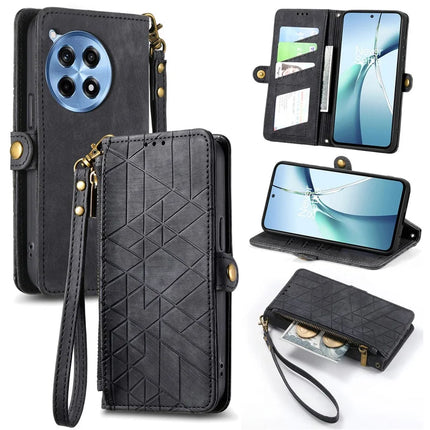 For OnePlus Ace 3 Pro 5G PU Leather Stand Wallet Cover Geometry Imprinted Phone Case - Black