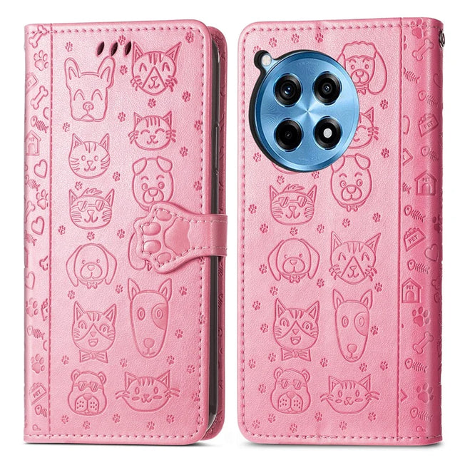 For OnePlus Ace 3 Pro 5G Case Leather Wallet Flip Phone Cover Cute Cat Dog Pattern - Pink