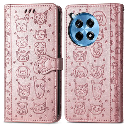 For OnePlus Ace 3 Pro 5G Case Leather Wallet Flip Phone Cover Cute Cat Dog Pattern - Rose Gold