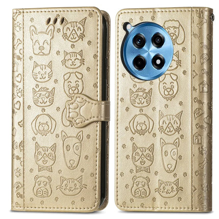For OnePlus Ace 3 Pro 5G Case Leather Wallet Flip Phone Cover Cute Cat Dog Pattern - Gold