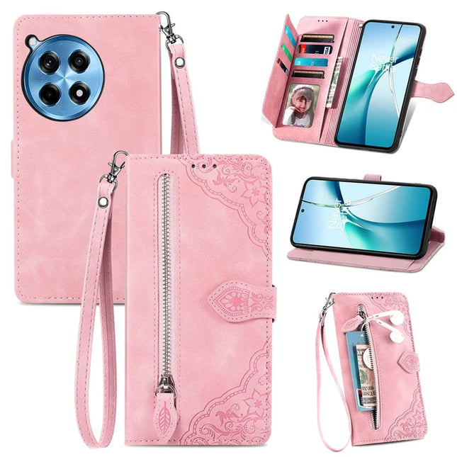 For OnePlus Ace 3 Pro 5G Zipper Wallet Case Flower Imprint PU Leather Phone Cover with Strap - Pink