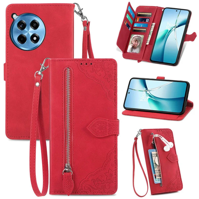 For OnePlus Ace 3 Pro 5G Zipper Wallet Case Flower Imprint PU Leather Phone Cover with Strap - Red
