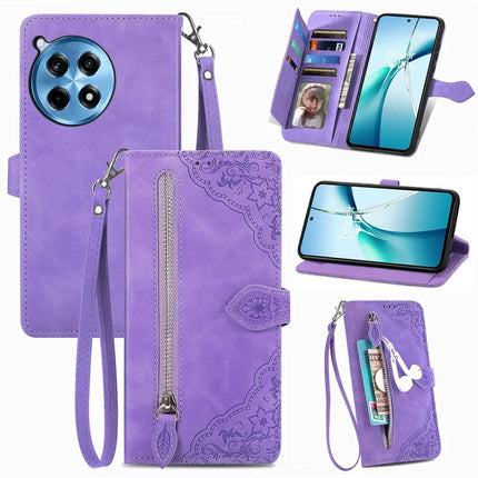 For OnePlus Ace 3 Pro 5G Zipper Wallet Case Flower Imprint PU Leather Phone Cover with Strap - Light Purple