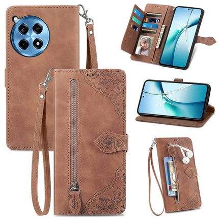 For OnePlus Ace 3 Pro 5G Zipper Wallet Case Flower Imprint PU Leather Phone Cover with Strap - Brown
