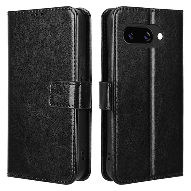 For Google Pixel 9a Case Crazy Horse Texture PU Leather Phone Wallet Cover - Black