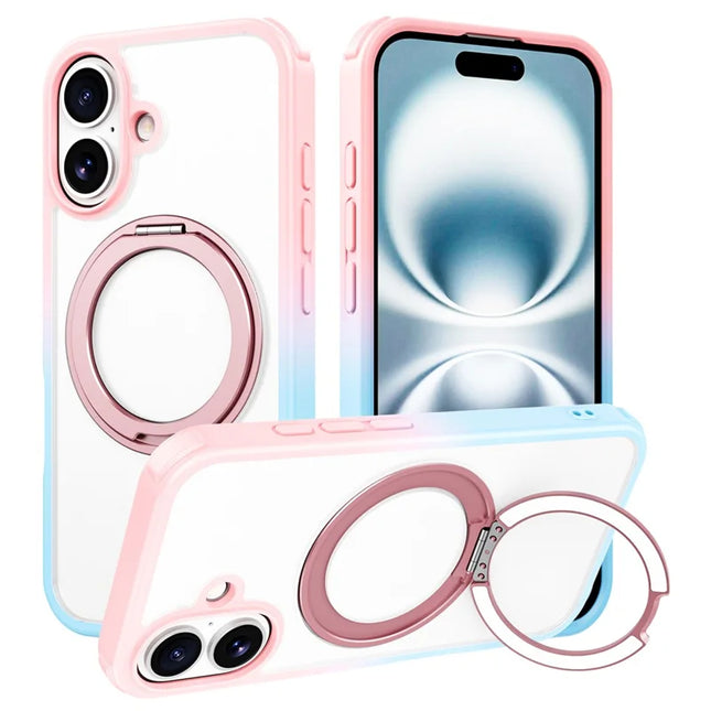 For iPhone 16 Plus Case Compatible with MagSafe Ring Kickstand TPU+PC Back Cover - Gradient Pink Blue