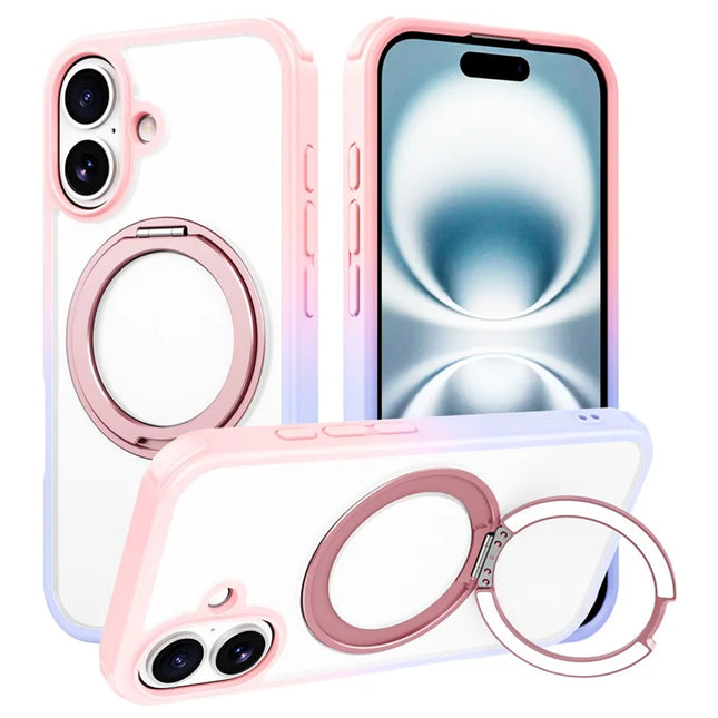 For iPhone 16 Plus Case Compatible with MagSafe Ring Kickstand TPU+PC Back Cover - Gradient Pink Purple
