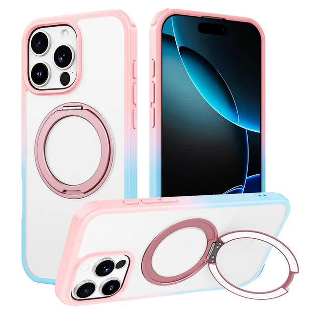 For iPhone 16 Pro Max Case Compatible with MagSafe Ring Kickstand TPU+PC Back Cover - Gradient Pink Blue