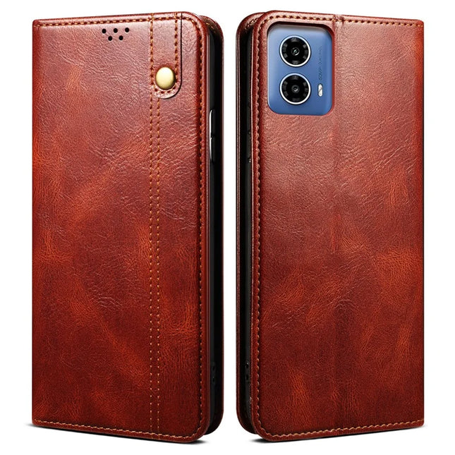 For Motorola Moto G35 5G Case Crazy Horse Texture Waxy Leather Wallet Stand Phone Cover - Brown