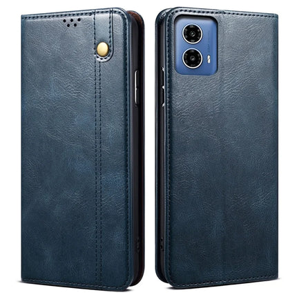 For Motorola Moto G35 5G Case Crazy Horse Texture Waxy Leather Wallet Stand Phone Cover - Blue
