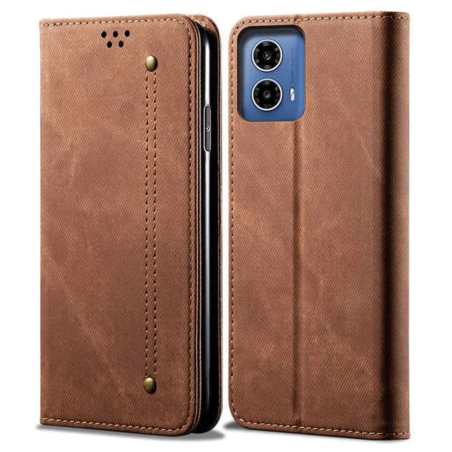 For Motorola Moto G35 5G Case Jeans Cloth Texture Anti-Scratch Leather Stand Phone Cover - Coffee