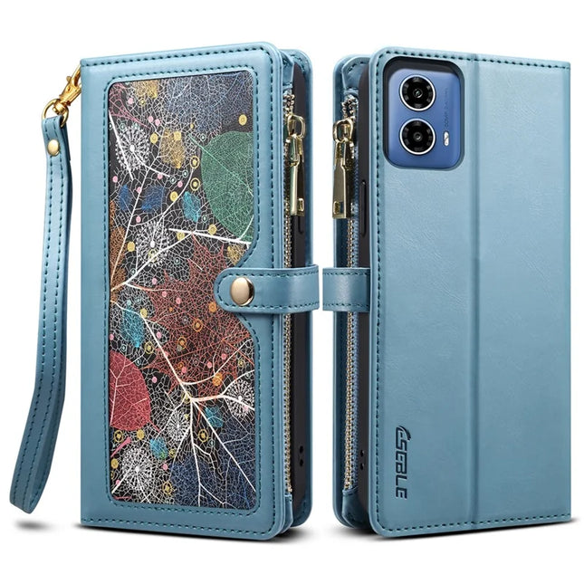 ESEBLE Galaxy Series For Motorola Moto G35 5G Case Leather Zipper Phone Cover RFID Blocking - Blue