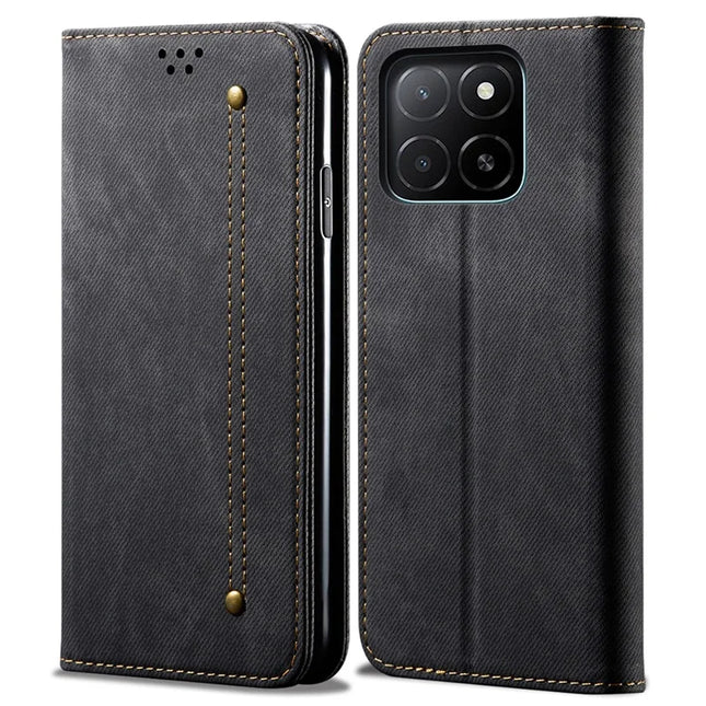 For Honor X5b Plus / X5b Case Jeans Cloth Texture Anti-Scratch Leather Stand Phone Cover - Black