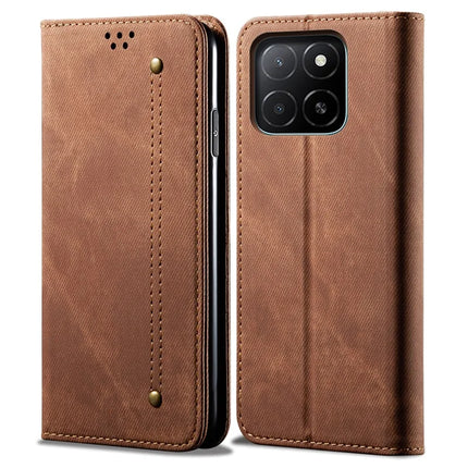 For Honor X5b Plus / X5b Case Jeans Cloth Texture Anti-Scratch Leather Stand Phone Cover - Coffee