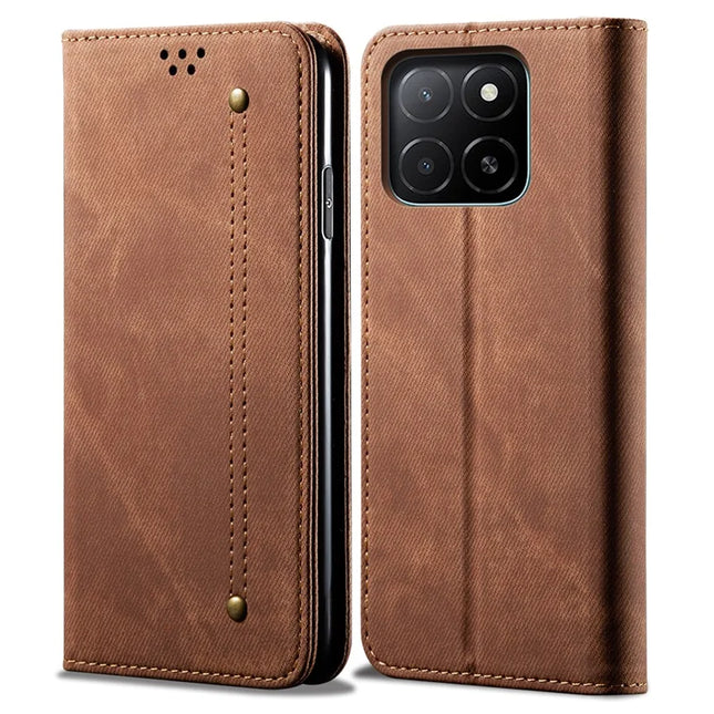 For Honor X5b Plus / X5b Case Jeans Cloth Texture Anti-Scratch Leather Stand Phone Cover - Coffee