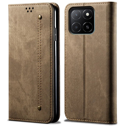 For Honor X5b Plus / X5b Case Jeans Cloth Texture Anti-Scratch Leather Stand Phone Cover - Khaki
