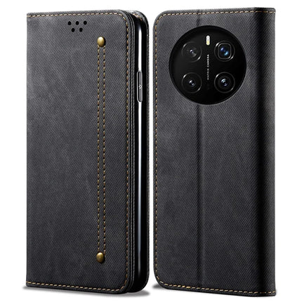 For Honor Magic7 Pro 5G Case Jeans Cloth Texture Anti-Scratch Leather Stand Phone Cover - Black