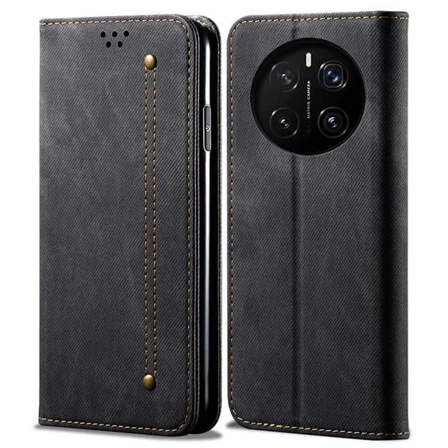For Honor Magic7 5G Case Jeans Cloth Texture Anti-Scratch Leather Stand Phone Cover - Black