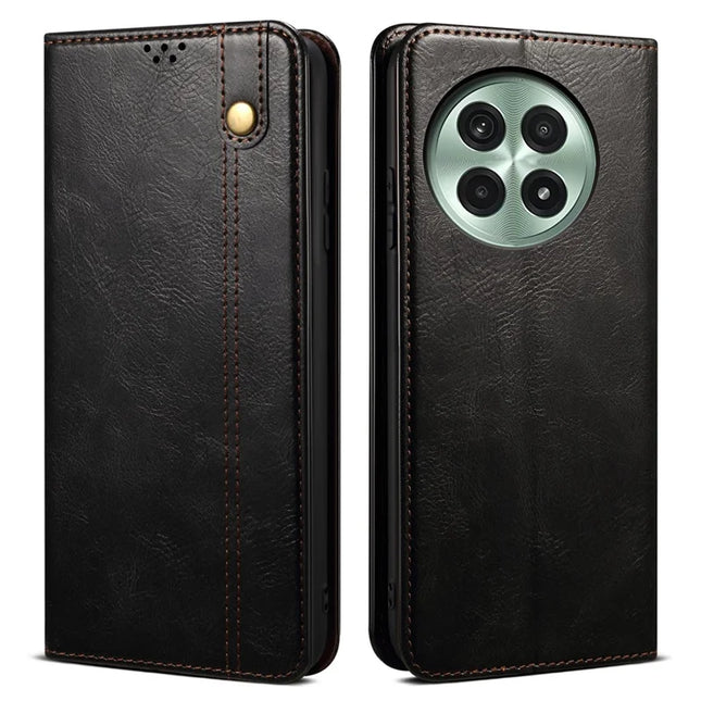 For OnePlus 13 Case Crazy Horse Texture Waxy Leather Wallet Stand Phone Cover - Black