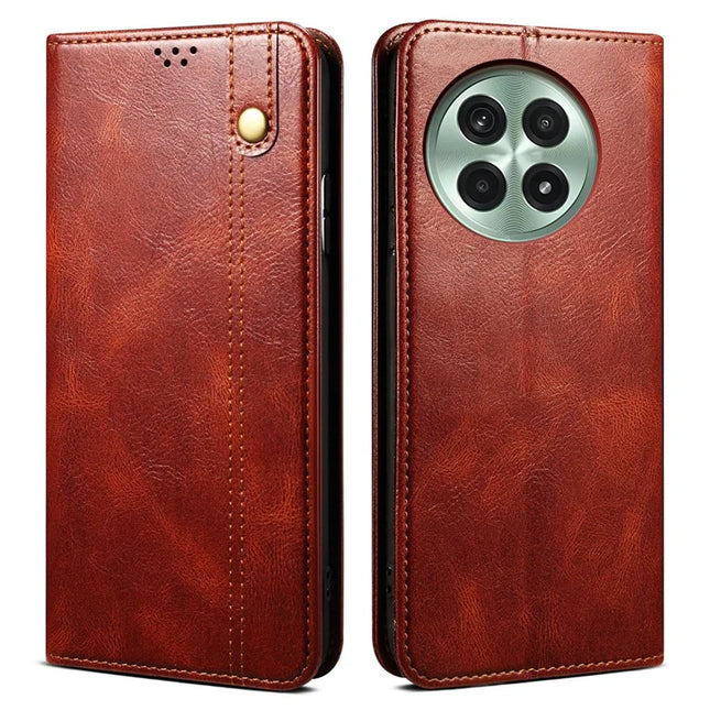 For OnePlus 13 Case Crazy Horse Texture Waxy Leather Wallet Stand Phone Cover - Brown