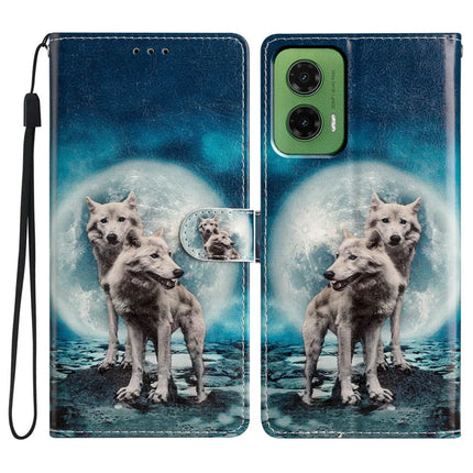 For Motorola Moto G35 5G Wallet Case PU Leather Pattern Printing Stand Phone Cover with Strap - Two Wolves
