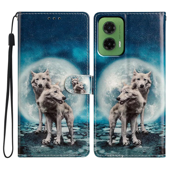 For Motorola Moto G35 5G Wallet Case PU Leather Pattern Printing Stand Phone Cover with Strap - Two Wolves