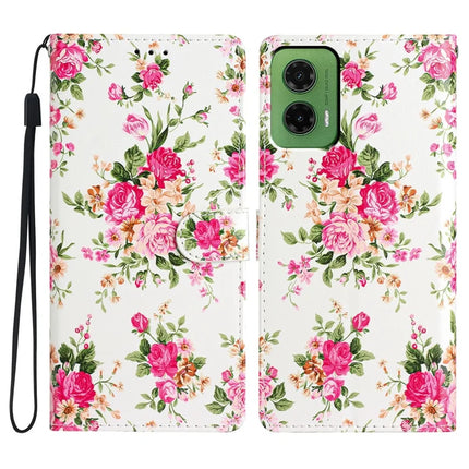 For Motorola Moto G35 5G Wallet Case PU Leather Pattern Printing Stand Phone Cover with Strap - Red Flowers